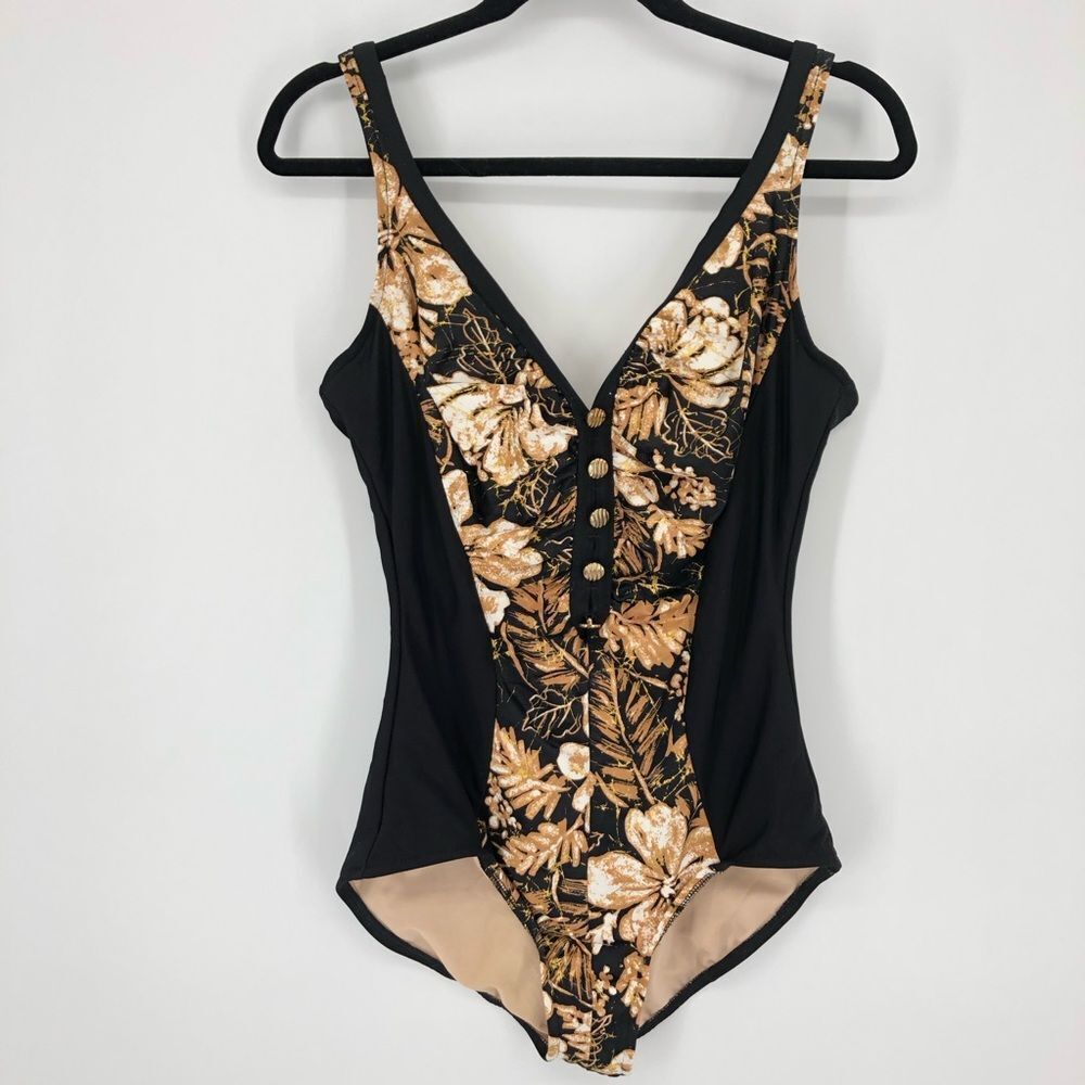 Slimsuit One Piece Swimsuit Womens 16 Black Gold Floral Tropical Buttons U Back